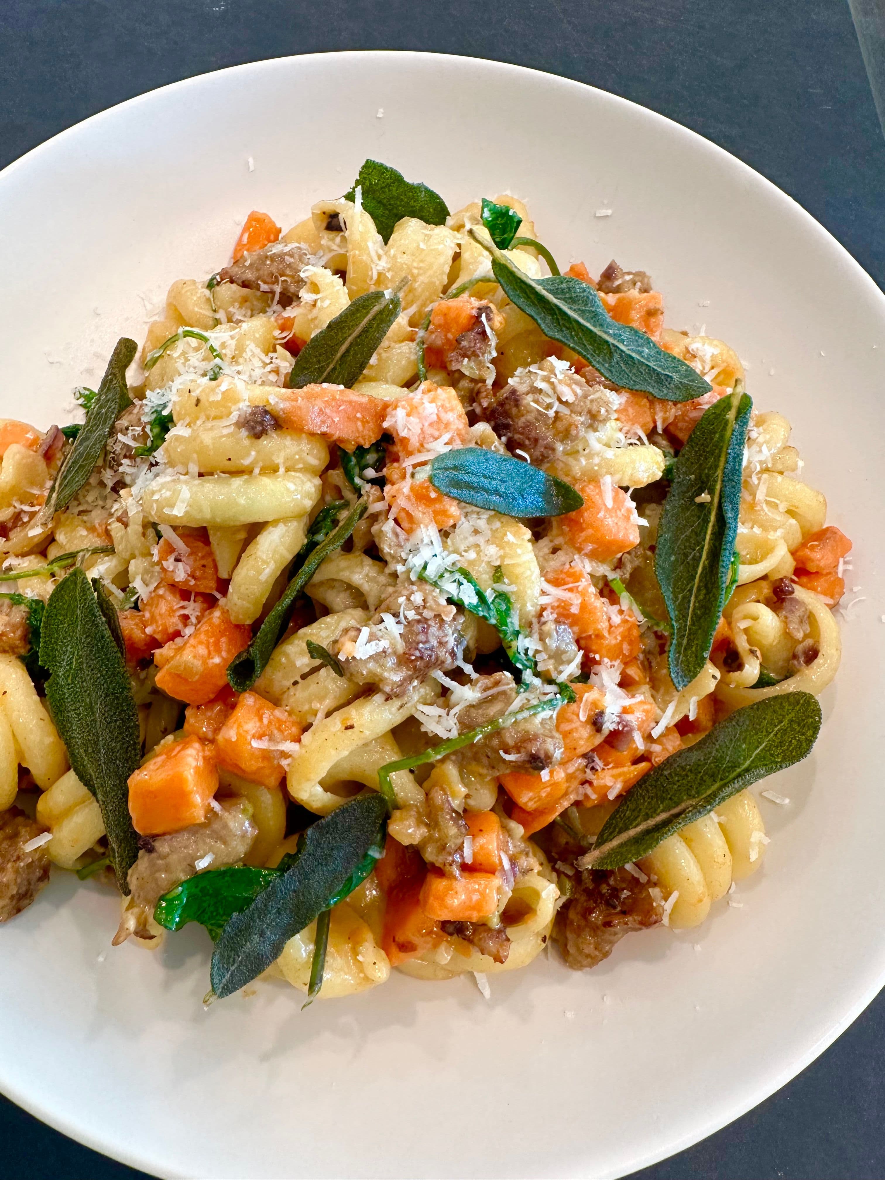 Fried Sage, Italian Sausage, and Sweet Potato Pasta