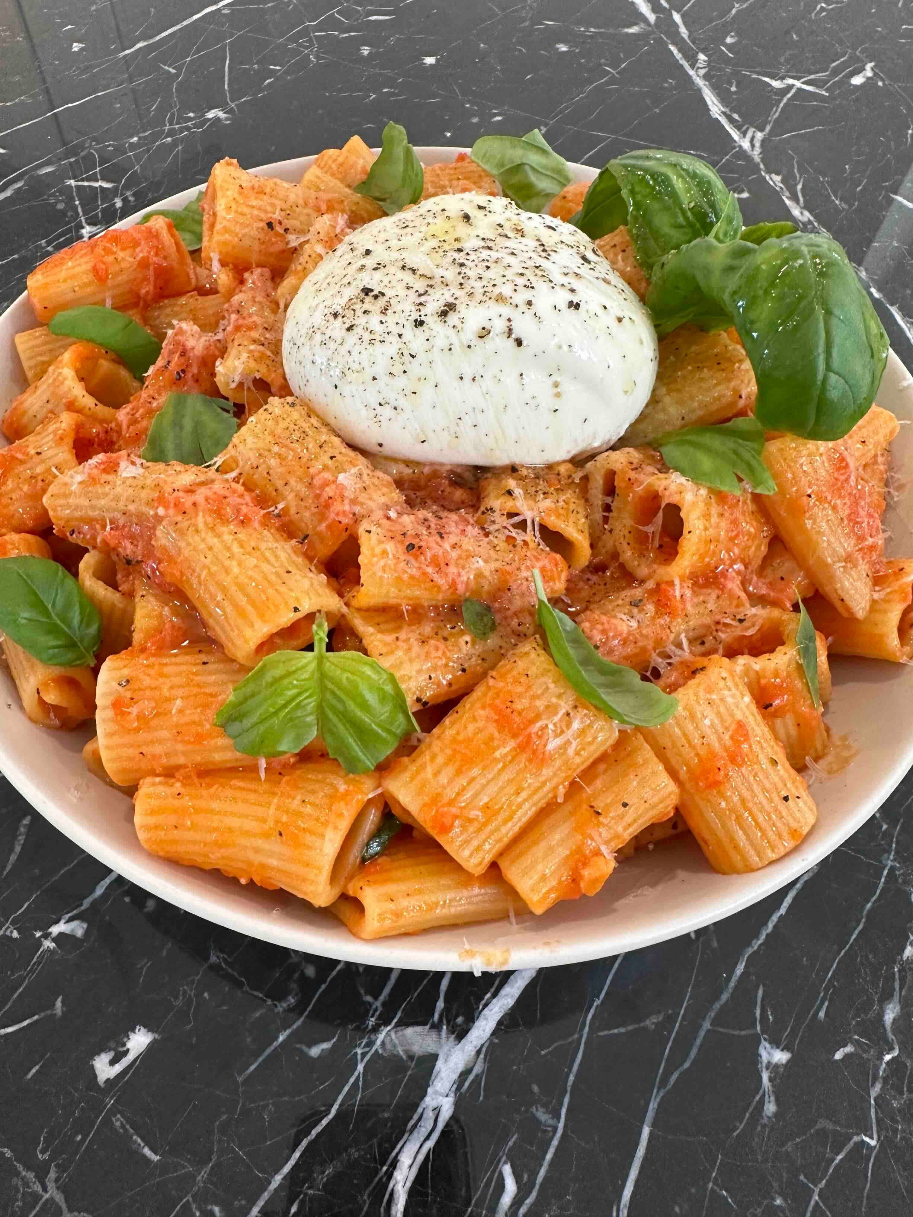 Roasted Red Pepper Rigatoni with Burrata