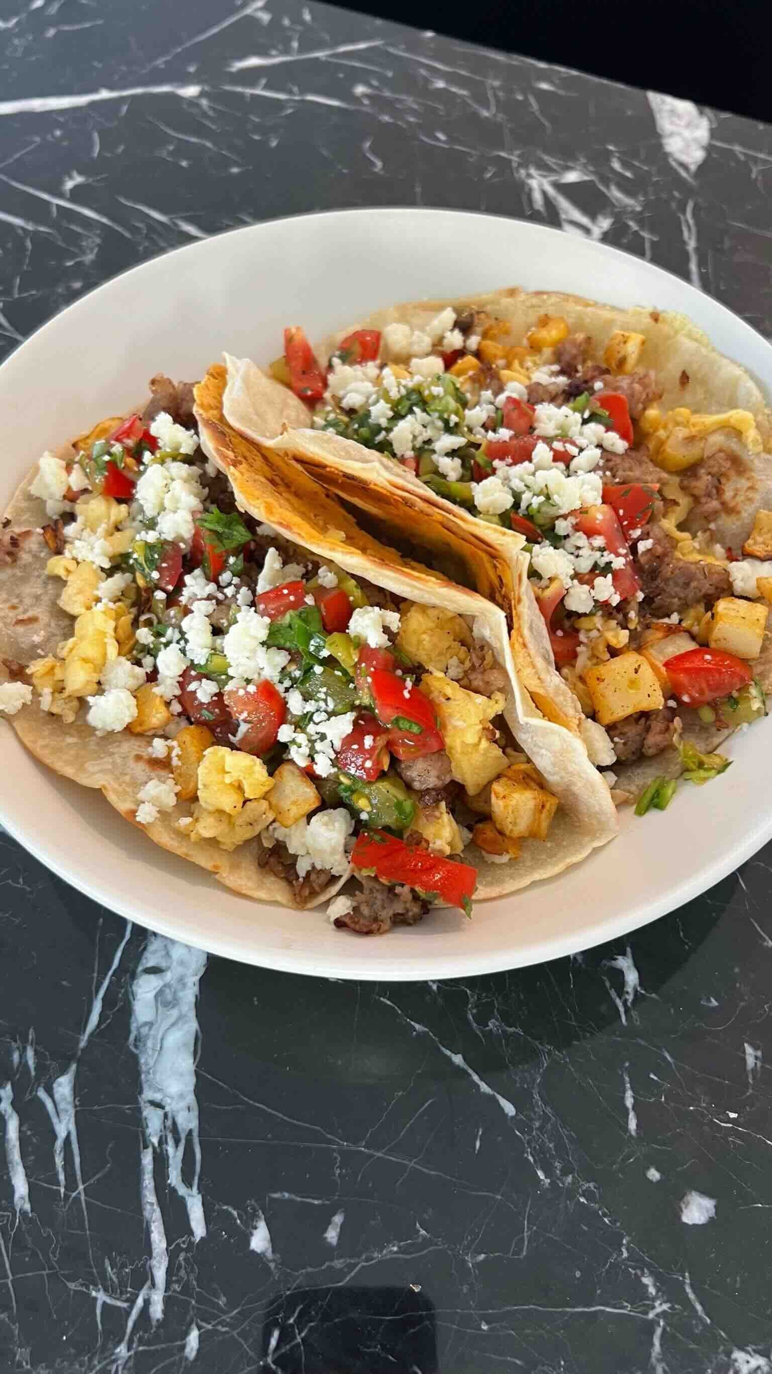 Breakfast Tacos with Green Chili Salsa and Crispy Cheese Tortillas