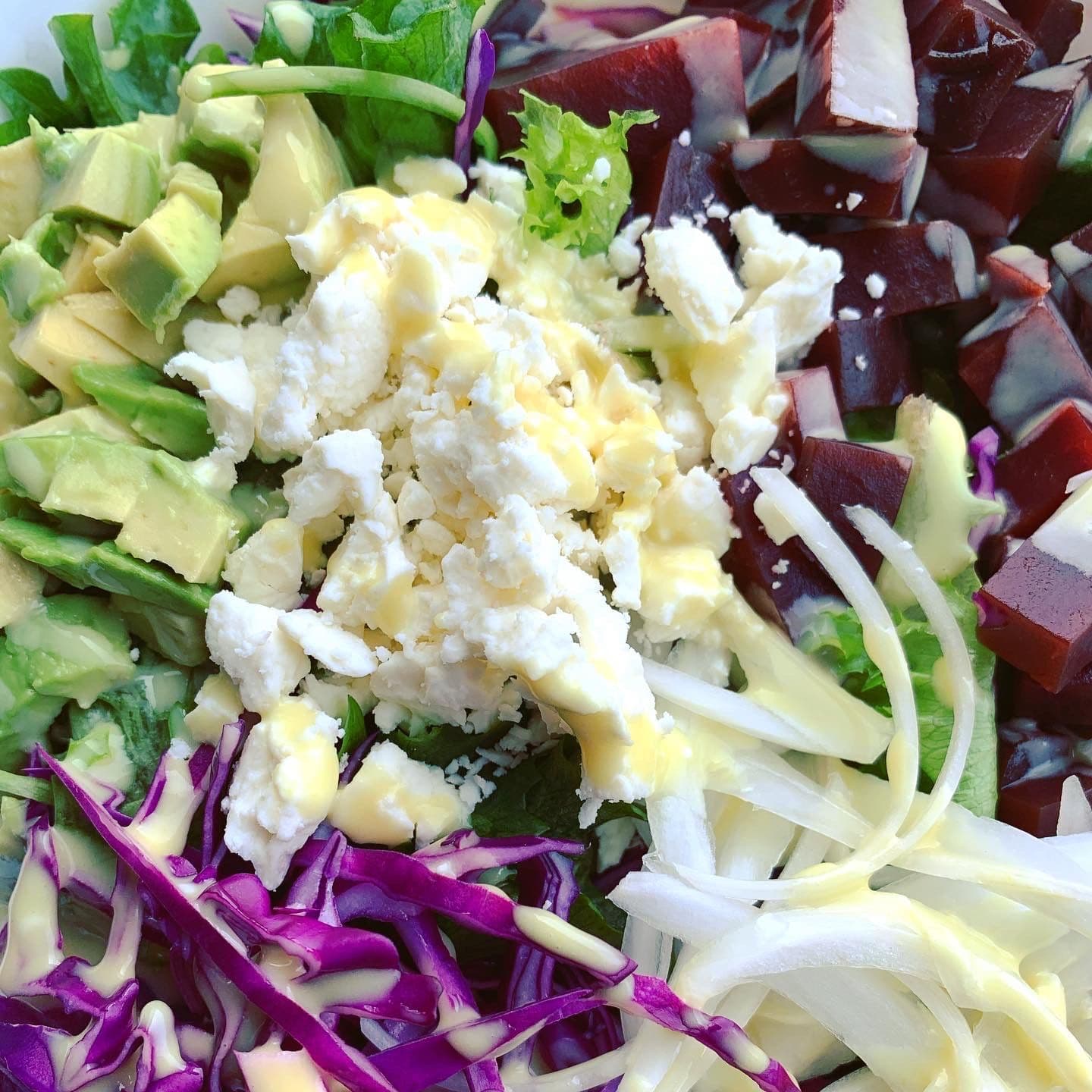 Beet Avocado and Feta Salad with Honey Mustard Vinaigrette